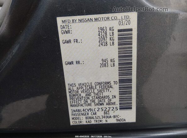 1N4BL4CV9LC252725 2020 NISSAN ALTIMA Gray Հետևի նստատեղերի տեսք