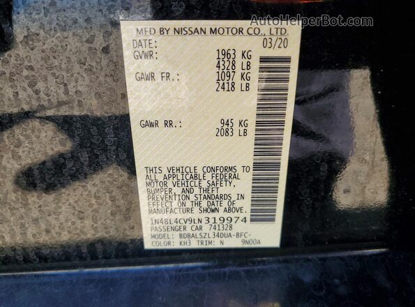 1N4BL4CV9LN319974 2020 NISSAN ALTIMA Black Вид підкапотного простору