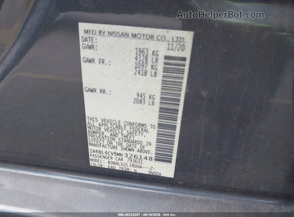 1N4BL4CV9MN326148 2021 NISSAN ALTIMA Gray Вид підкапотного простору