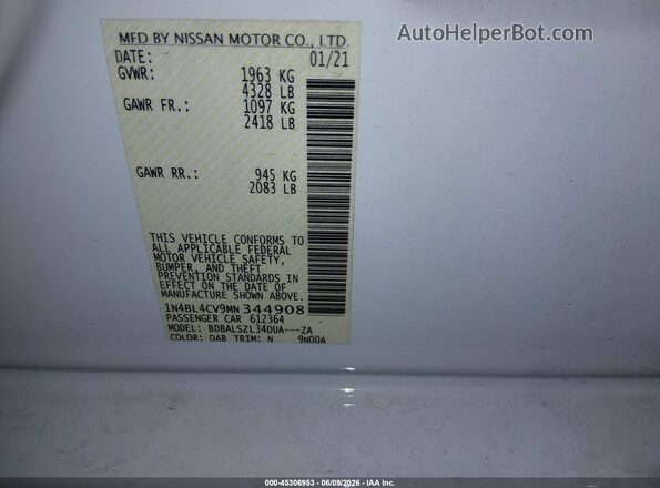 1N4BL4CV9MN344908 2021 NISSAN ALTIMA White ძრავის განყოფილების ხედი