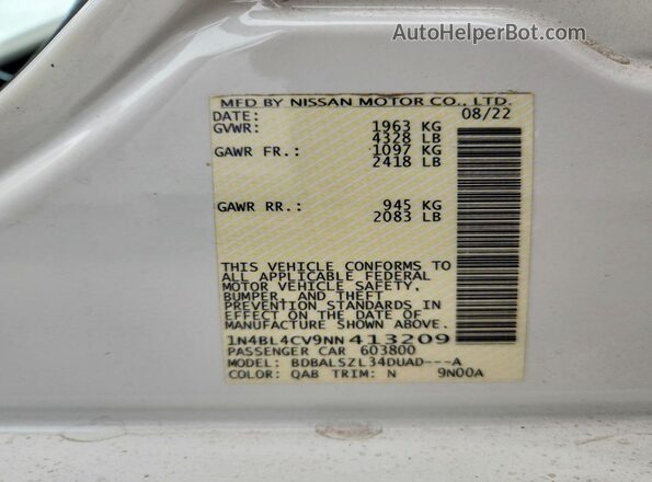 1N4BL4CV9NN413209 2022 NISSAN ALTIMA White VIN կոդի պիտակի տեսք
