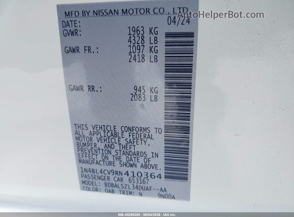 1N4BL4CV9RN410364 2024 NISSAN ALTIMA White Vista del compartimento del motor