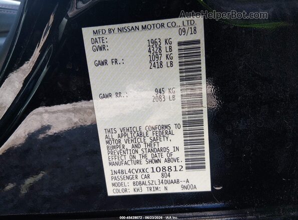 1N4BL4CVXKC108812 2019 NISSAN ALTIMA Black ძრავის განყოფილების ხედი