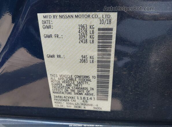 1N4BL4CVXKC118143 2019 NISSAN ALTIMA Blue Շարժիչի բաժամունքի տեսք