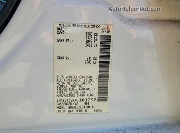 1N4BL4CVXKC161252 2019 NISSAN ALTIMA White 