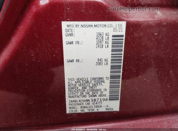 1N4BL4CVXMN387198 2021 NISSAN ALTIMA Красный Вид подкапотного пространства