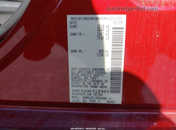 1N4BL4CW1KN318969 2019 NISSAN ALTIMA Red ძრავის განყოფილების ხედი