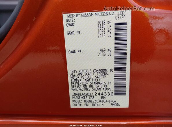 1N4BL4CW1LC244336 2020 NISSAN ALTIMA Orange Вид підкапотного простору