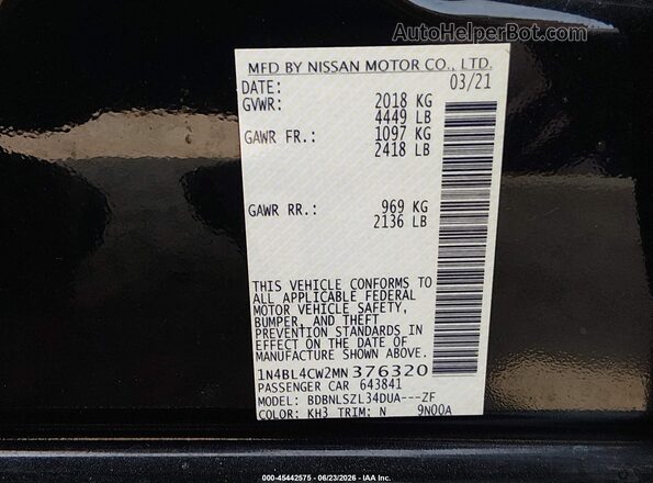 1N4BL4CW2MN376320 2021 NISSAN ALTIMA Black Widok komory silnika