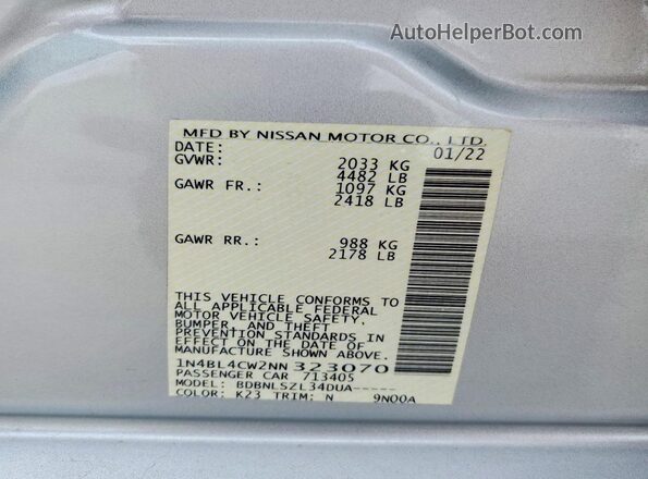 1N4BL4CW2NN323070 2022 NISSAN ALTIMA Silver VIN sticker view