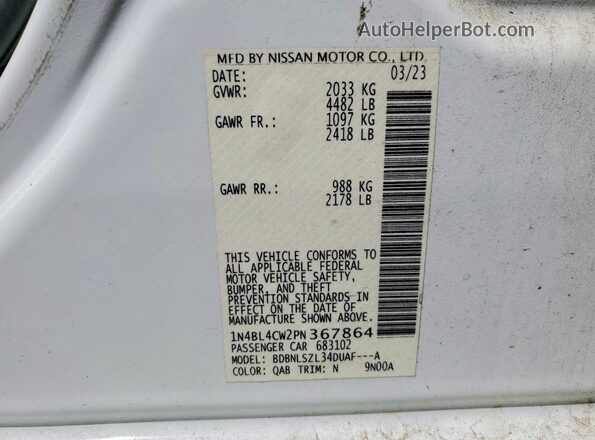 1N4BL4CW2PN367864 2023 NISSAN ALTIMA White Widok naklejki z numerem VIN