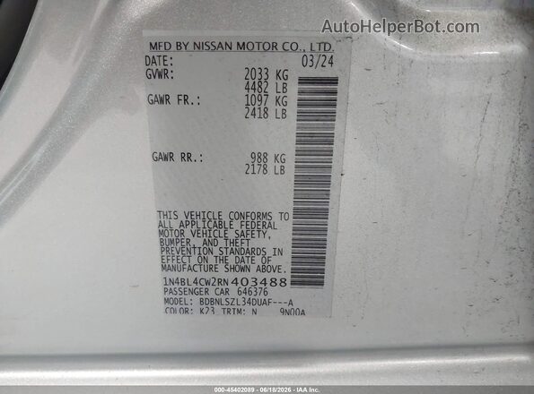 1N4BL4CW2RN403488 2024 NISSAN ALTIMA Silver Вид підкапотного простору