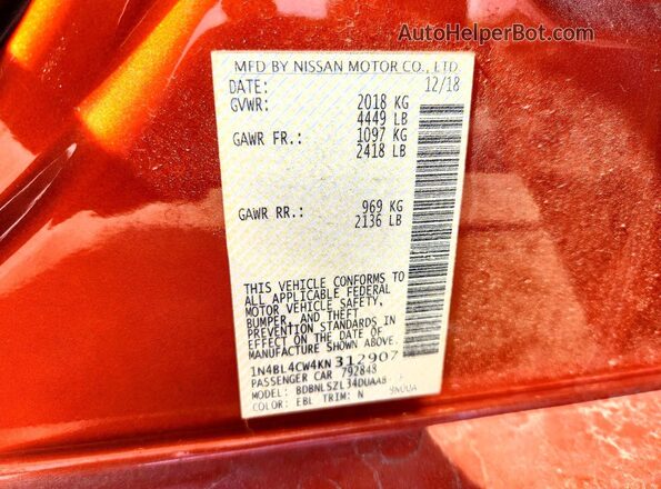1N4BL4CW4KN312907 2019 NISSAN ALTIMA Orange VIN კოდის სტიკერის ხედი