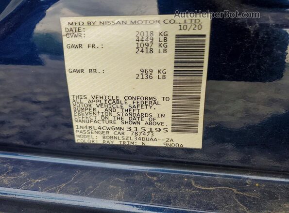 1N4BL4CW6MN315195 2021 NISSAN ALTIMA Blue Вид підкапотного простору