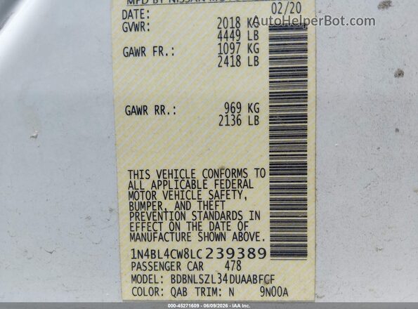 1N4BL4CW8LC239389 2020 NISSAN ALTIMA Белый Вид подкапотного пространства