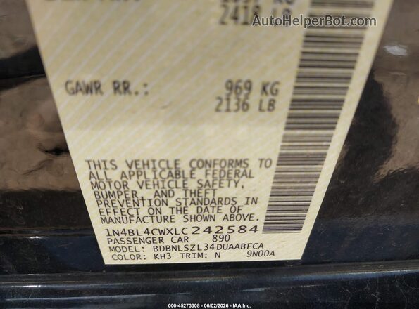 1N4BL4CWXLC242584 2020 NISSAN ALTIMA Black ძრავის განყოფილების ხედი