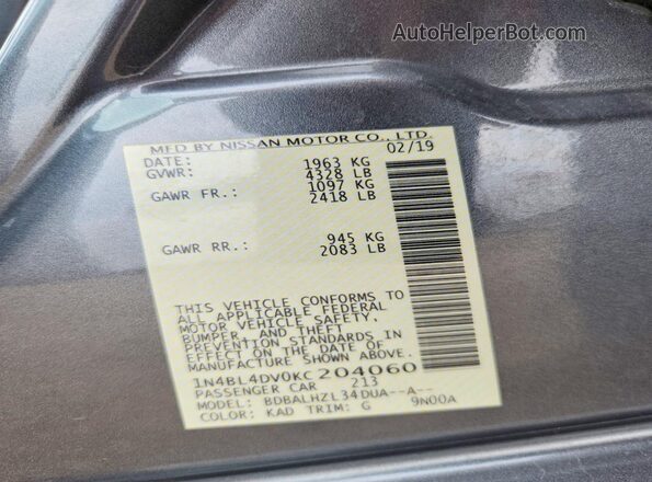 1N4BL4DV0KC204060 2019 NISSAN ALTIMA Серый Вид подкапотного пространства