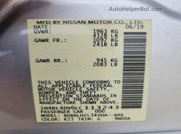 1N4BL4DV0LC113243 2020 NISSAN ALTIMA Silver Engine compartment view