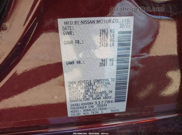 1N4BL4DV0RN337786 2024 NISSAN ALTIMA Burgundy Вид підкапотного простору