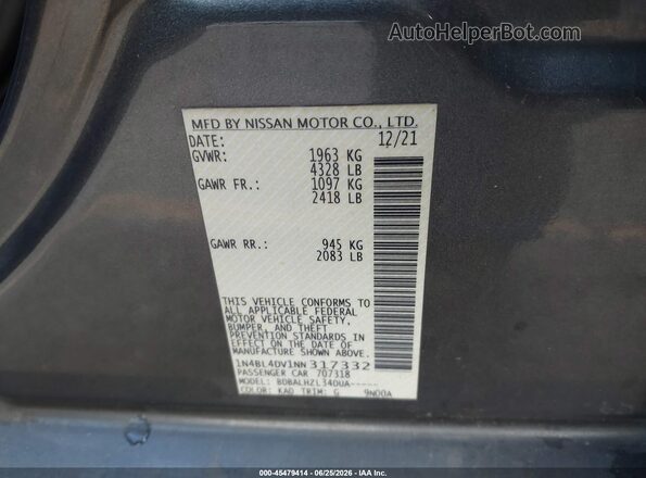 1N4BL4DV1NN317332 2022 NISSAN ALTIMA Gray Engine compartment view