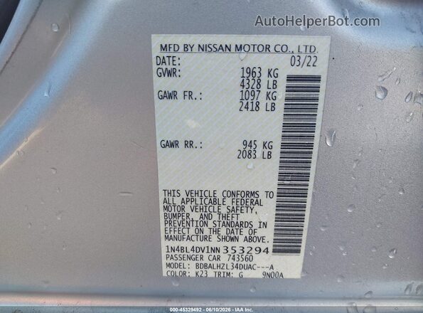 1N4BL4DV1NN353294 2022 NISSAN ALTIMA Silver ძრავის განყოფილების ხედი