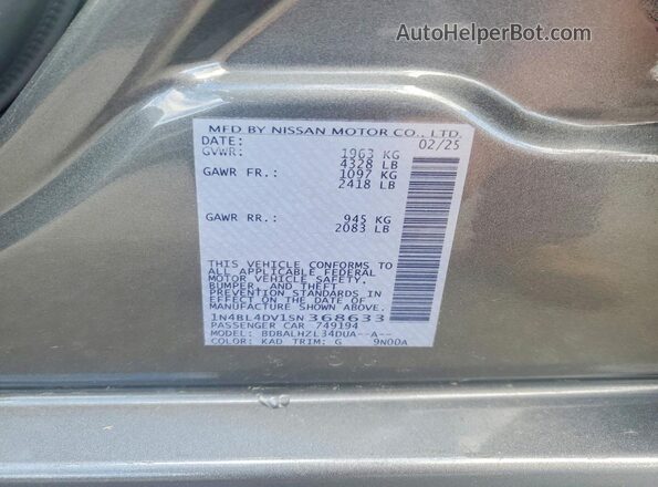 1N4BL4DV1SN368633 2025 NISSAN ALTIMA Gray Շարժիչի բաժամունքի տեսք