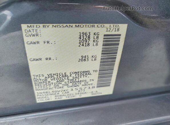 1N4BL4DV2KC155718 2019 NISSAN ALTIMA Gray VIN კოდის სტიკერის ხედი