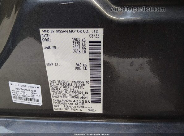 1N4BL4DV2NN421568 2022 NISSAN ALTIMA Gray ძრავის განყოფილების ხედი