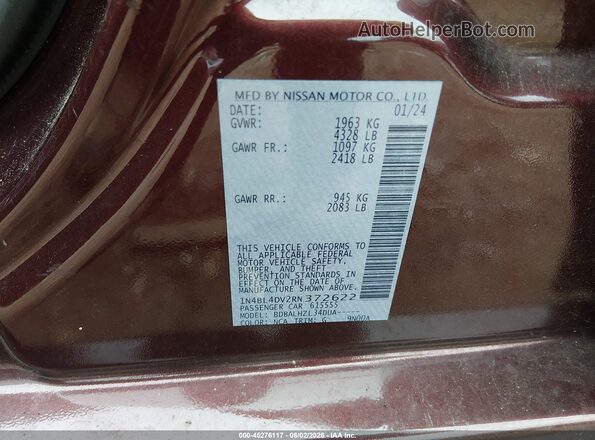 1N4BL4DV2RN372622 2024 NISSAN ALTIMA Burgundy Вид підкапотного простору