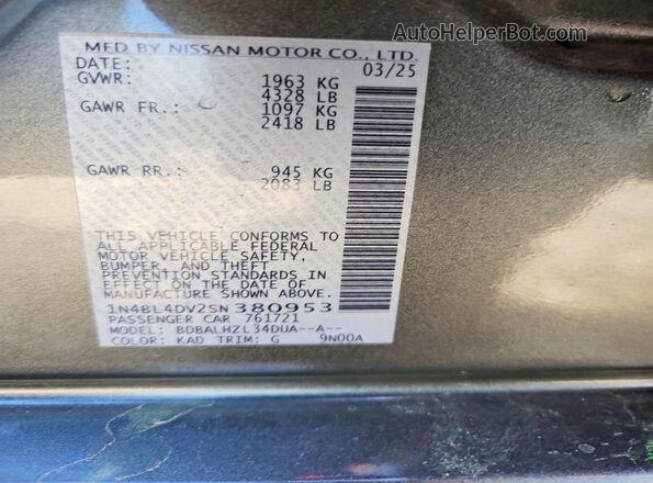 1N4BL4DV2SN380953 2025 NISSAN ALTIMA Charcoal Widok naklejki z numerem VIN