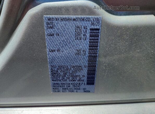1N4BL4DV2SN402871 2025 NISSAN ALTIMA Серебряный Вид наклейки с VIN-кодом
