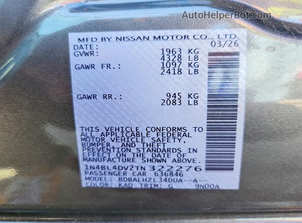 1N4BL4DV2TN322276 2026 NISSAN ALTIMA Gray Widok naklejki z numerem VIN