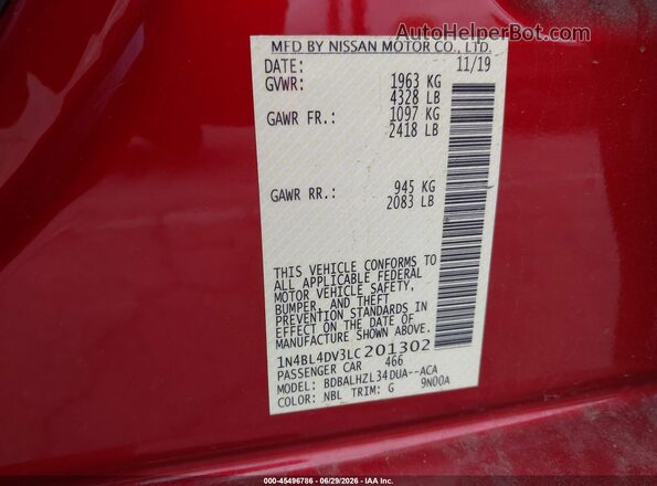 1N4BL4DV3LC201302 2020 NISSAN ALTIMA Red ძრავის განყოფილების ხედი
