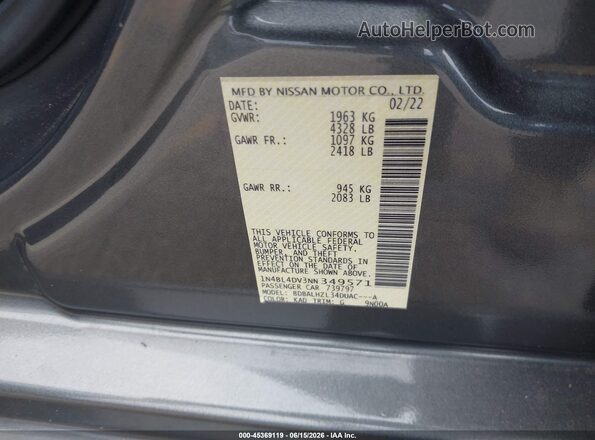 1N4BL4DV3NN349571 2022 NISSAN ALTIMA Gray Շարժիչի բաժամունքի տեսք
