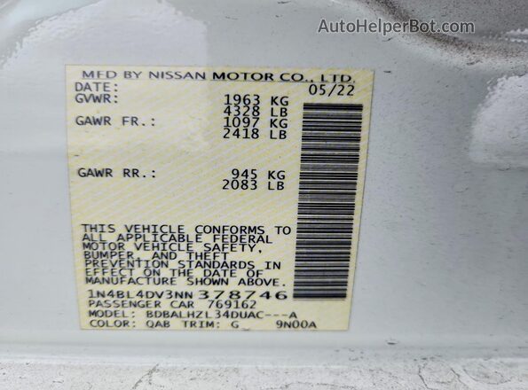 1N4BL4DV3NN378746 2022 NISSAN ALTIMA Белый 