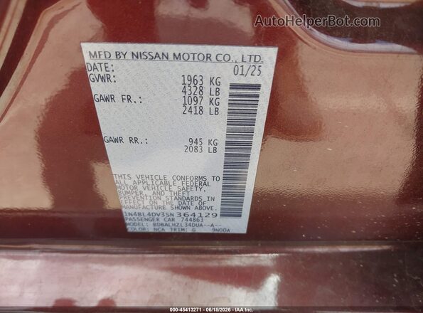 1N4BL4DV3SN364129 2025 NISSAN ALTIMA Темно-бордовый 