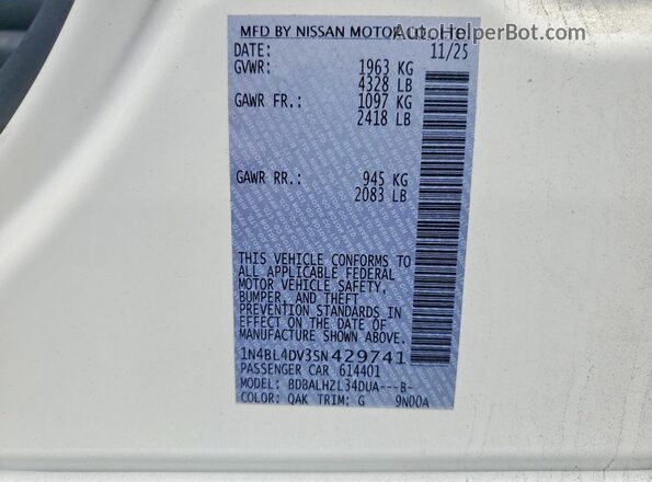 1N4BL4DV3SN429741 2025 NISSAN ALTIMA White Widok naklejki z numerem VIN