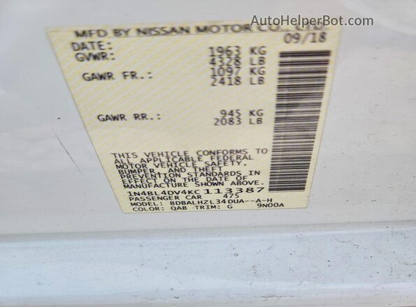 1N4BL4DV4KC113387 2019 NISSAN ALTIMA Белый Вид подкапотного пространства