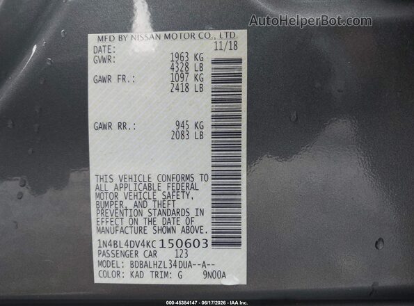 1N4BL4DV4KC150603 2019 NISSAN ALTIMA Gray Engine compartment view