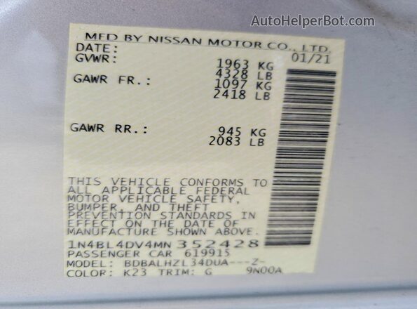 1N4BL4DV4MN352428 2021 NISSAN ALTIMA Silver VIN კოდის სტიკერის ხედი