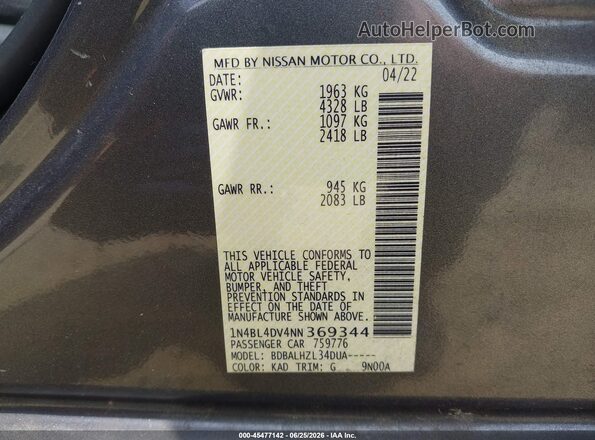 1N4BL4DV4NN369344 2022 NISSAN ALTIMA Серый Вид подкапотного пространства