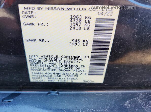 1N4BL4DV4NN369473 2022 NISSAN ALTIMA Black Vista del compartimento del motor