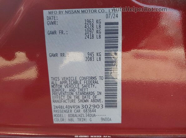1N4BL4DV4SN302903 2025 NISSAN ALTIMA Red Engine compartment view