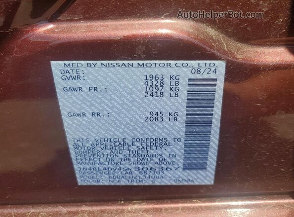 1N4BL4DV4SN306367 2025 NISSAN ALTIMA Maroon VIN sticker view