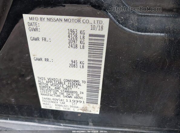 1N4BL4DV5KC119991 2019 NISSAN ALTIMA Black Շարժիչի բաժամունքի տեսք