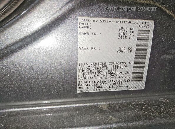 1N4BL4DV5SN366030 2025 NISSAN ALTIMA Gray Vista de la etiqueta del VIN