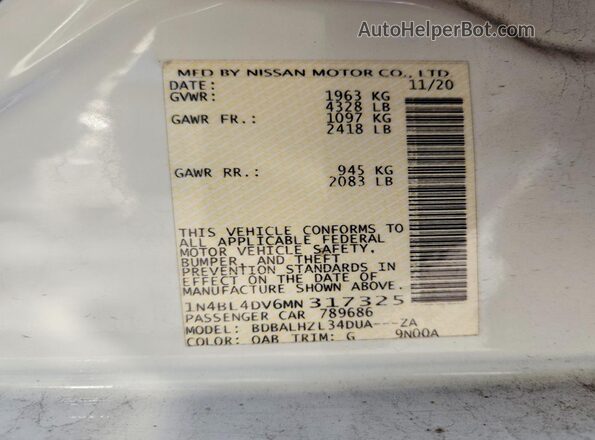 1N4BL4DV6MN317325 2021 NISSAN ALTIMA Белый Вид наклейки с VIN-кодом