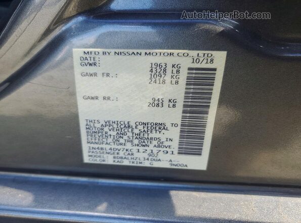 1N4BL4DV7KC121791 2019 NISSAN ALTIMA Gray Widok komory silnika