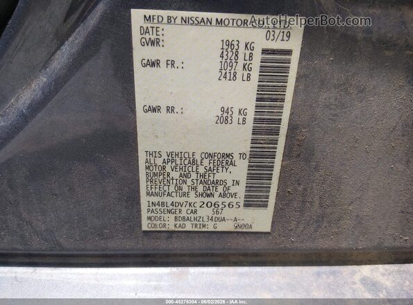 1N4BL4DV7KC206565 2019 NISSAN ALTIMA Gray Շարժիչի բաժամունքի տեսք
