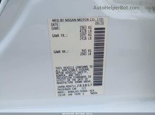 1N4BL4DV7LC283857 2020 NISSAN ALTIMA White 